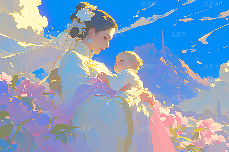 母亲节氛围感母亲与孩子温情油画