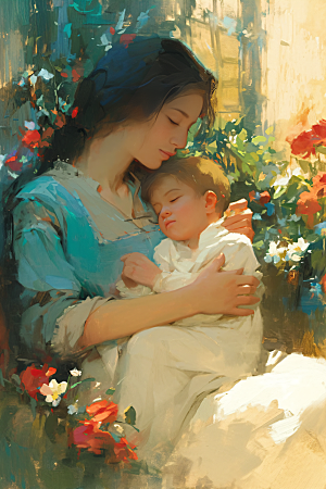 母亲节氛围感母亲与孩子亲情油画