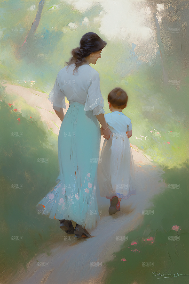 母亲节氛围感母子人物油画