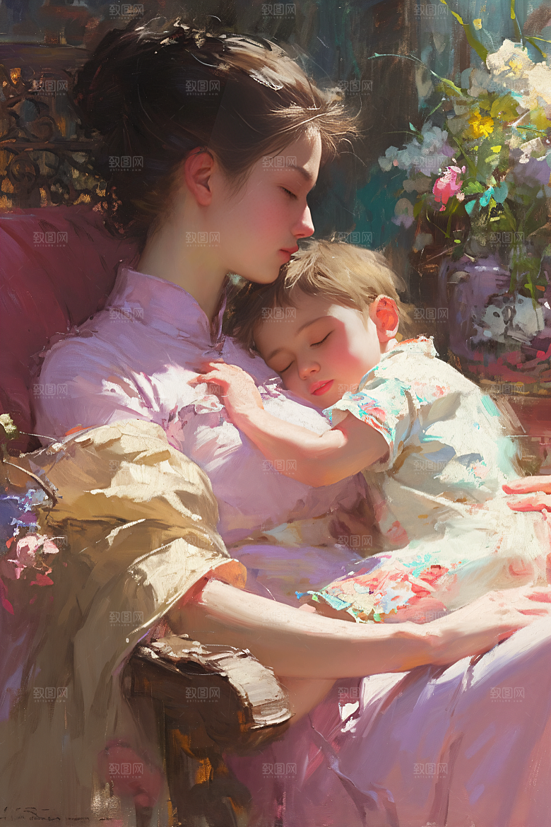 母亲节氛围感母子手绘油画