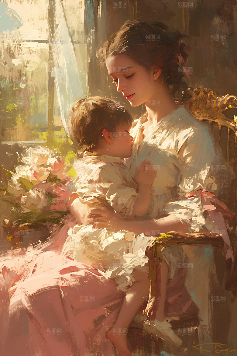 母亲节氛围感母子温情油画