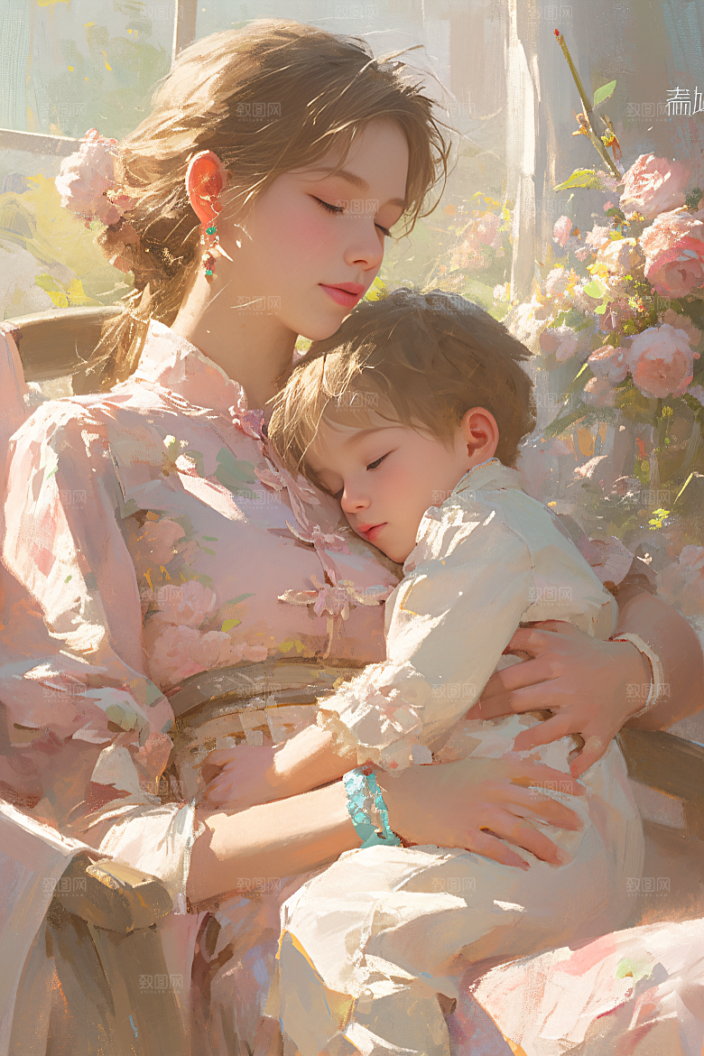 母亲节氛围感母亲与孩子亲子油画