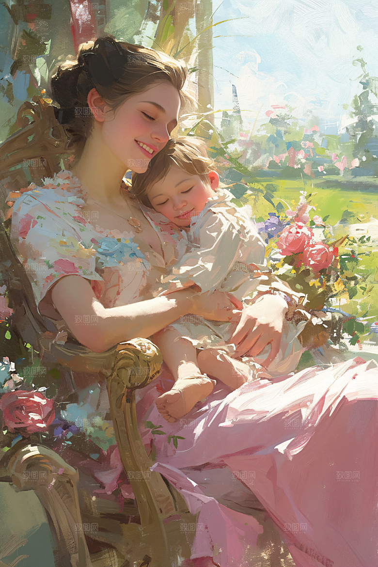母亲节氛围感手绘母子油画