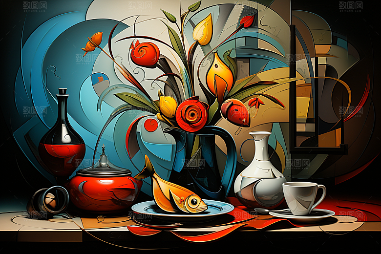 油画手绘静物风光插画