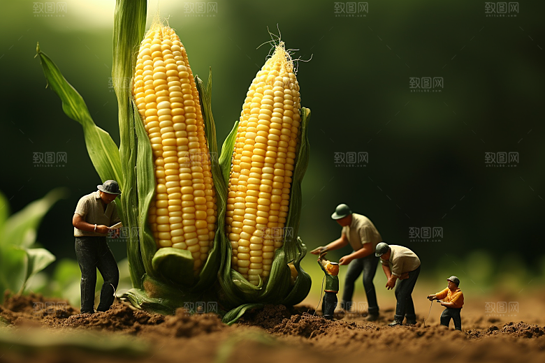 玉米采摘蔬菜微距小人