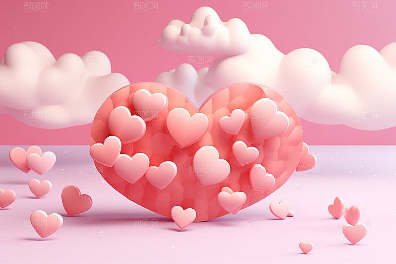 粉色爱心云朵3D立体背景图