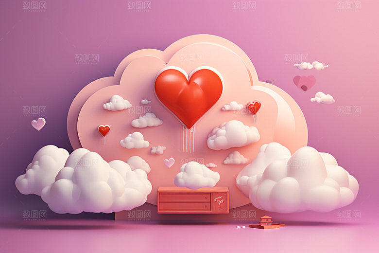 粉色爱心云朵3D立体背景图