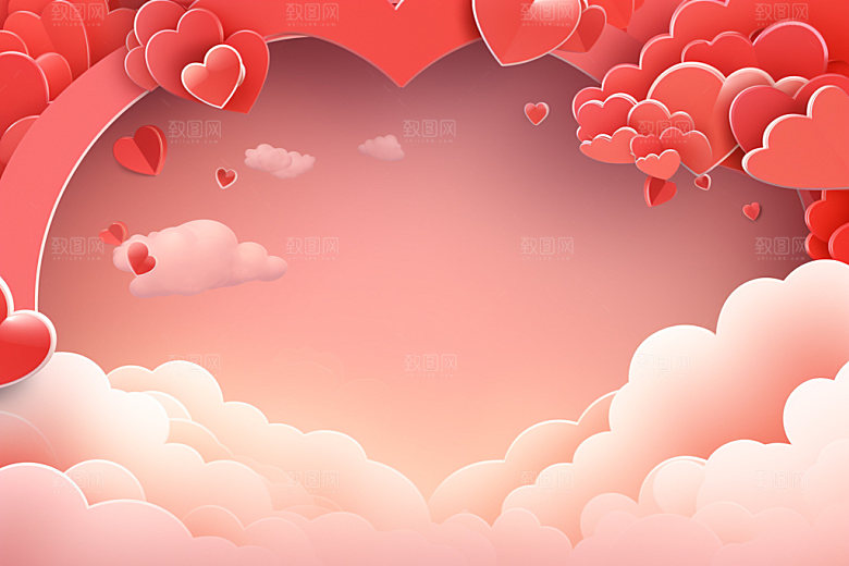 粉色爱心云朵浪漫情人节背景图