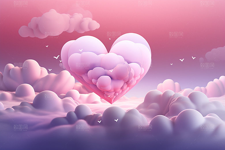 粉色爱心云朵情人节立体背景图