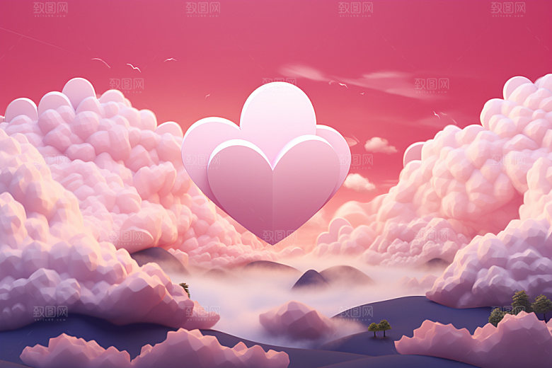 粉色爱心云朵3D情人节背景图