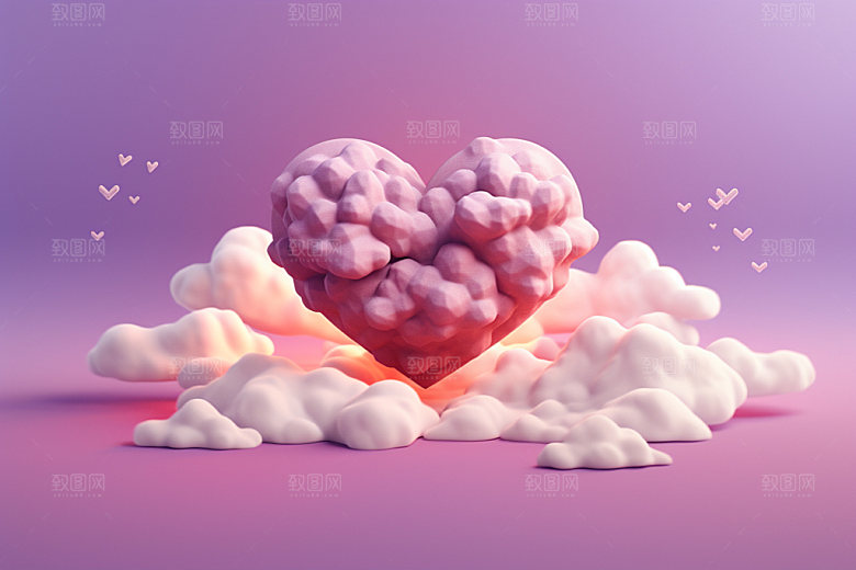 粉色爱心云朵立体情人节背景图