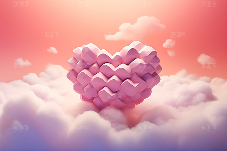 粉色爱心云朵情人节立体背景图