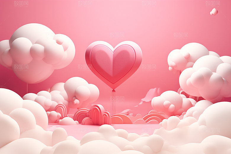 粉色爱心云朵节日3D背景图