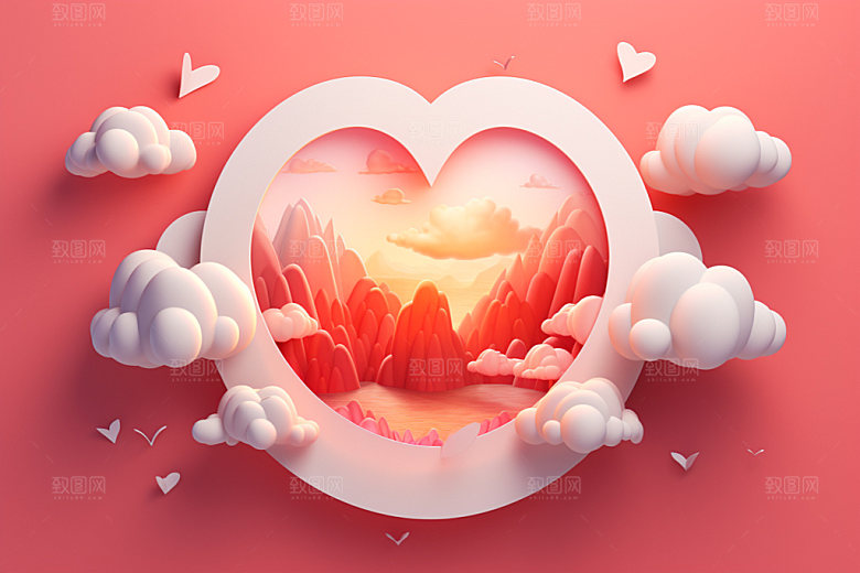 粉色爱心云朵甜蜜立体背景图