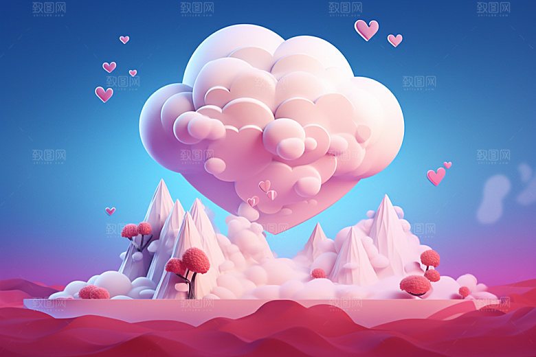 粉色爱心云朵浪漫情人节背景图