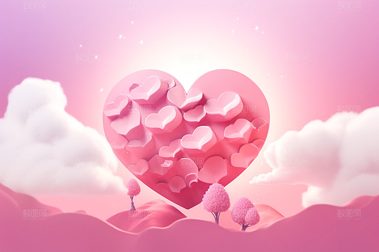 粉色爱心云朵浪漫3D背景图