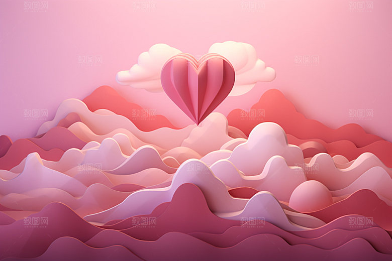 粉色爱心云朵七夕立体背景图