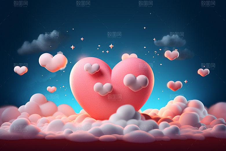 粉色爱心云朵3D爱情背景图