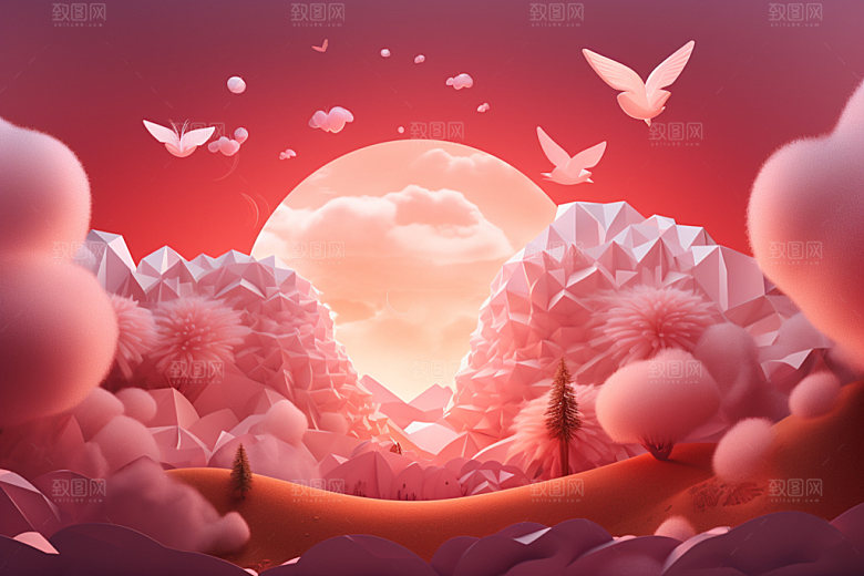 粉色爱心云朵节日3D背景图