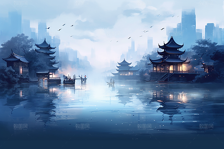 中国风山水语文课本配图江南水乡插画