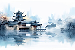 中国风山水手绘中式建筑插画