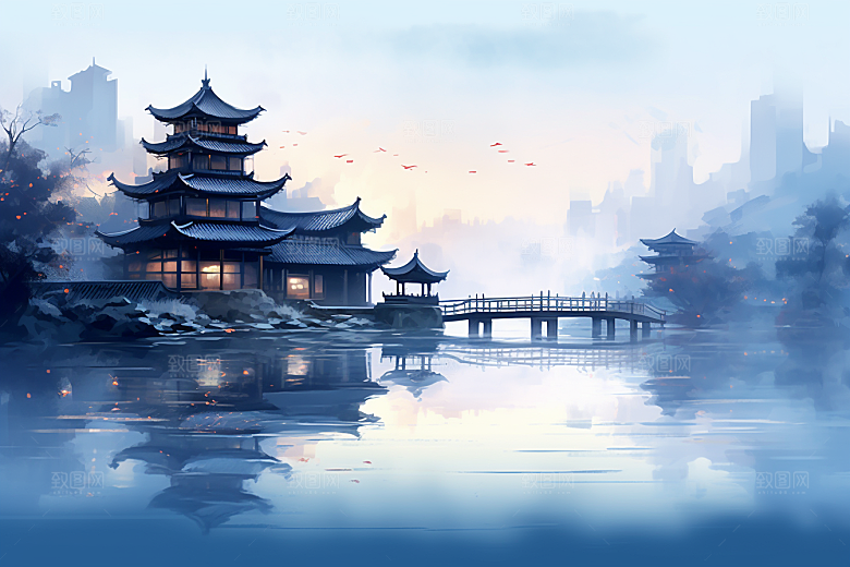 中国风山水水墨语文课本配图插画