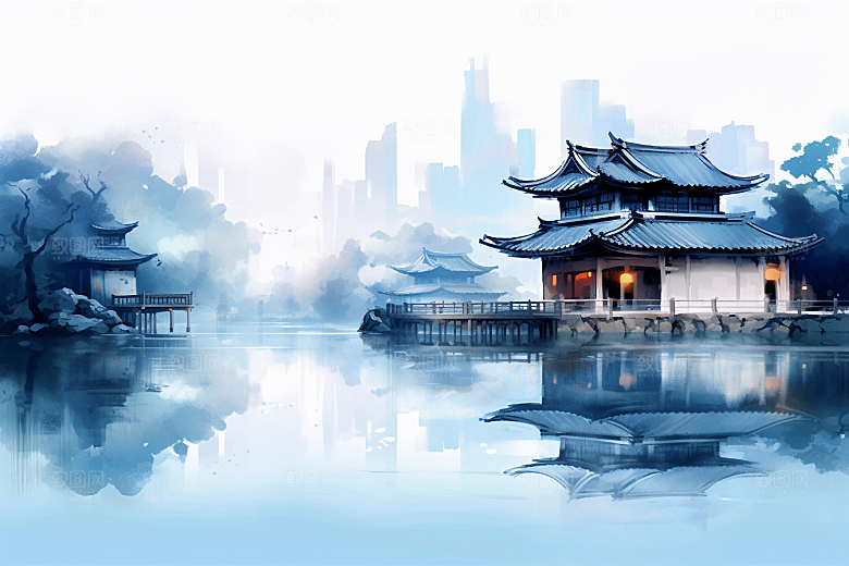 中国风山水语文课本配图江南水乡插画