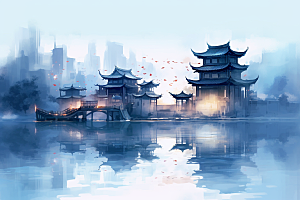 中国风山水江南水乡中式建筑插画