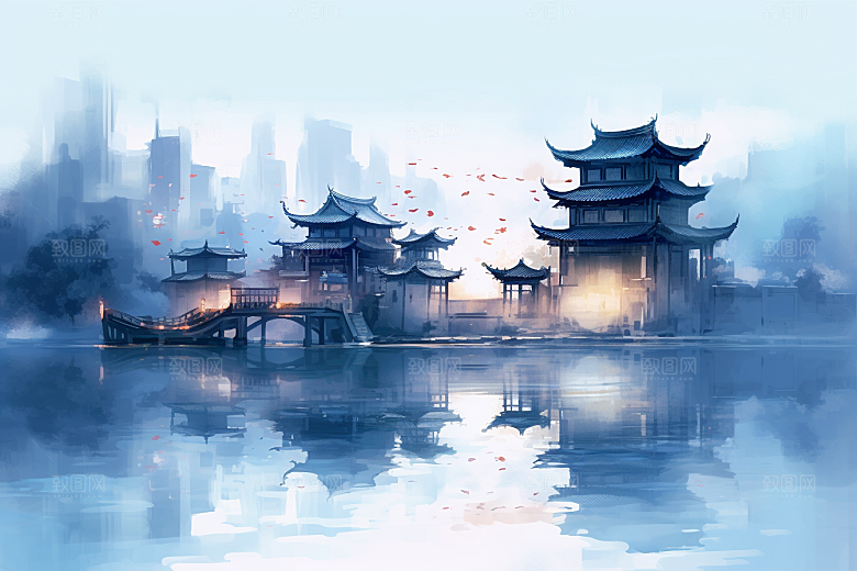 中国风山水江南水乡中式建筑插画