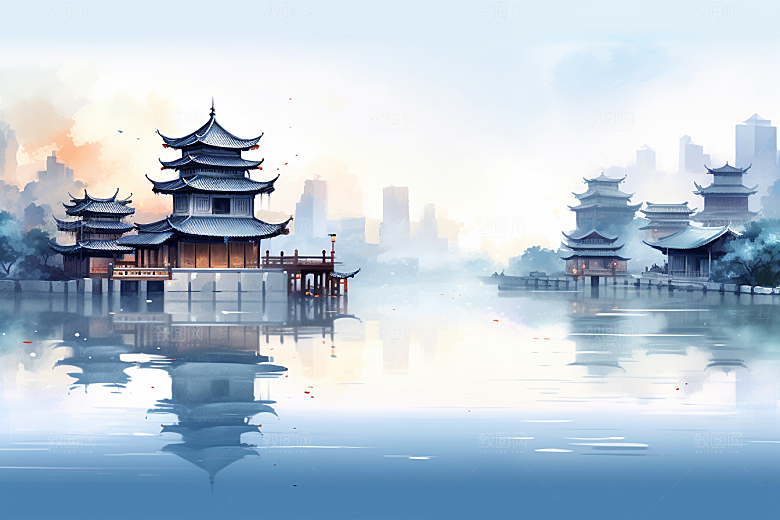 中国风山水手绘江南水乡插画