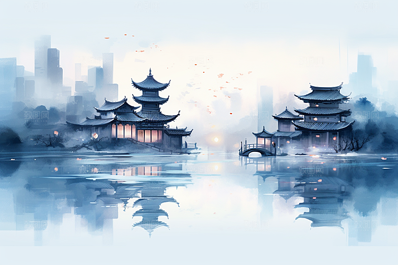 中国风山水水墨语文课本配图插画
