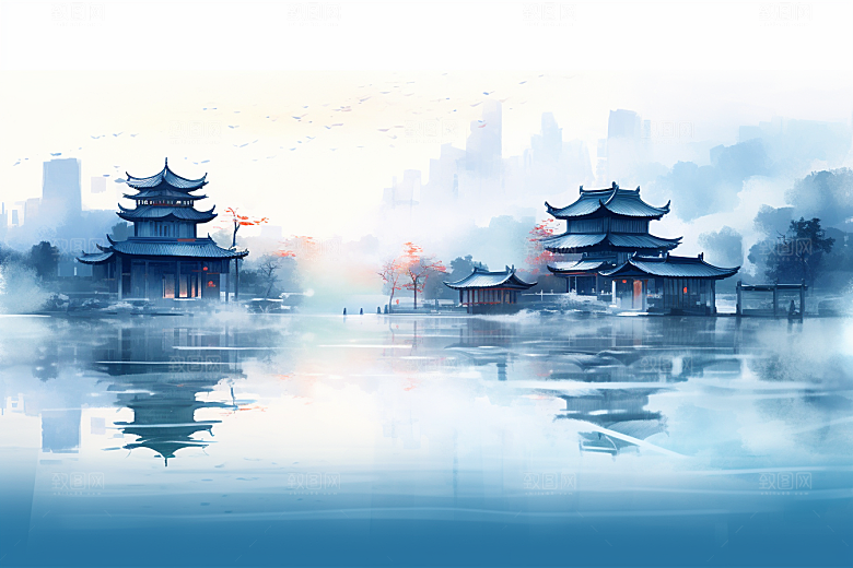 中国风山水语文课本配图手绘插画