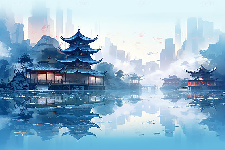中国风山水水墨语文课本配图插画