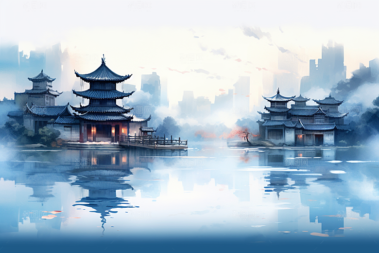 中国风山水江南水乡语文课本配图插画