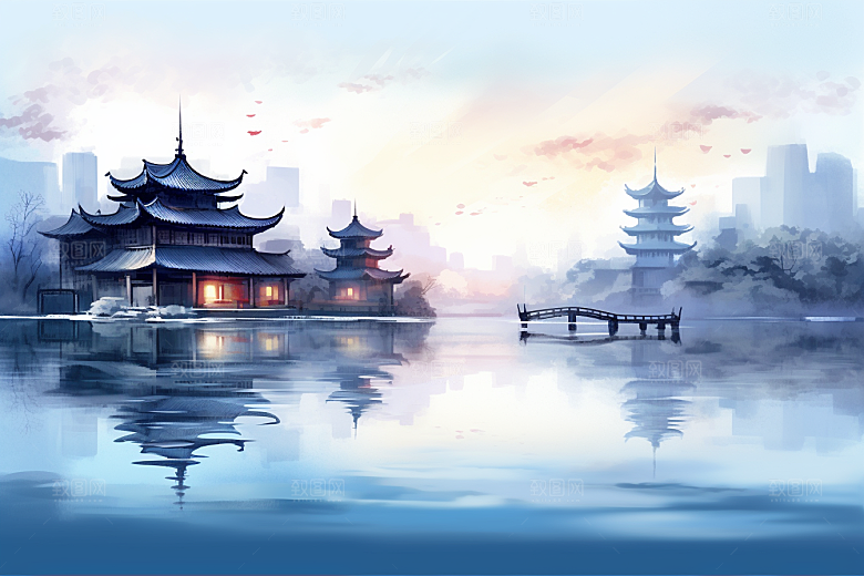中国风山水江南水乡语文课本配图插画