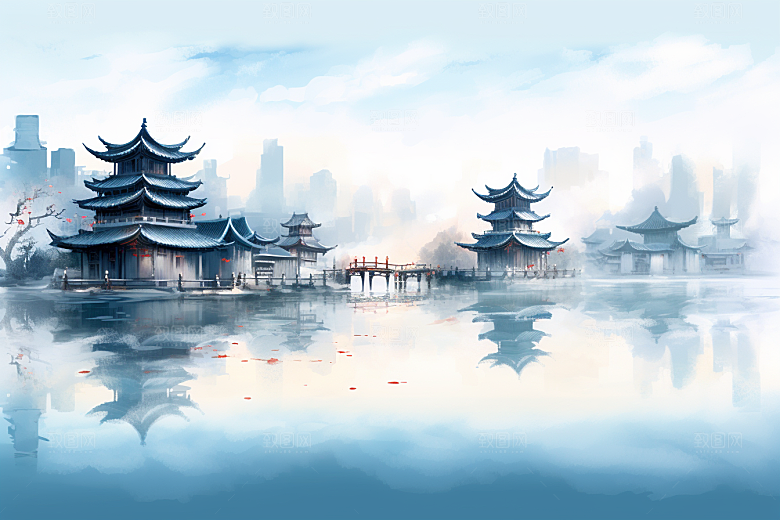 中国风山水语文课本配图江南水乡插画