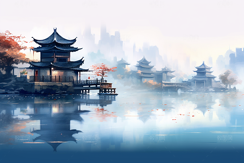 中国风山水江南水乡中式建筑插画