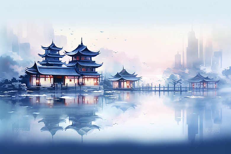 中国风山水手绘江南水乡插画