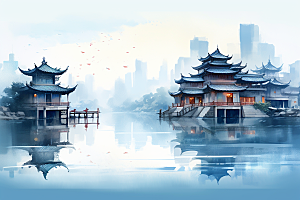 中国风山水水墨中式建筑插画