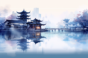 中国风山水水墨中式建筑插画