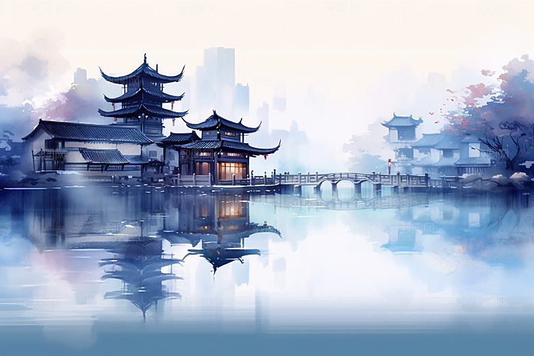 中国风山水水墨中式建筑插画
