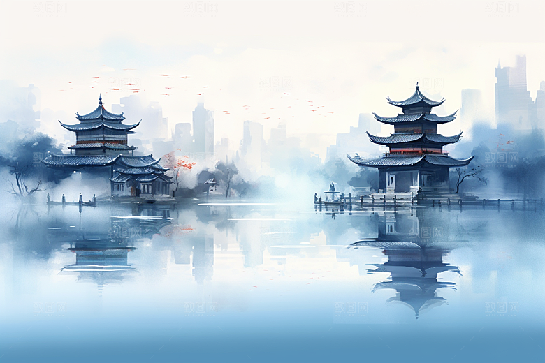 中国风山水水墨手绘插画