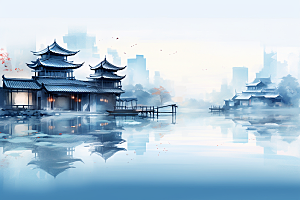 中国风山水手绘中式建筑插画