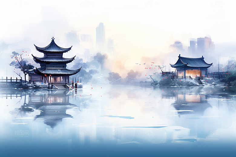 中国风山水语文课本配图水墨插画