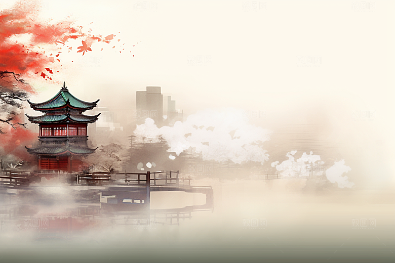 中国风山水手绘江南水乡插画