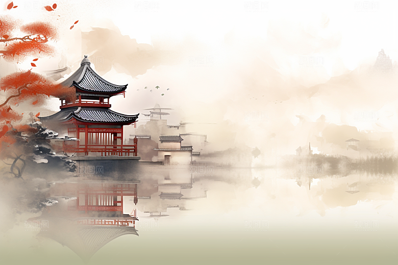 中国风山水手绘语文课本配图插画