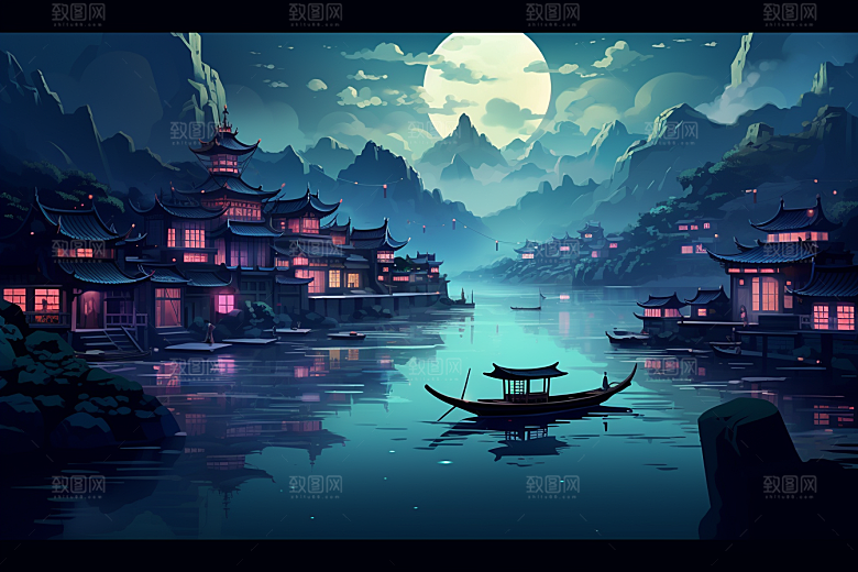 中国风山水水墨语文课本配图插画