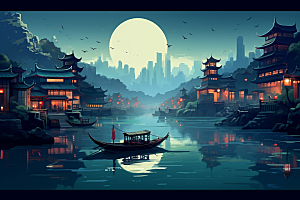 中国风山水语文课本配图中式建筑插画