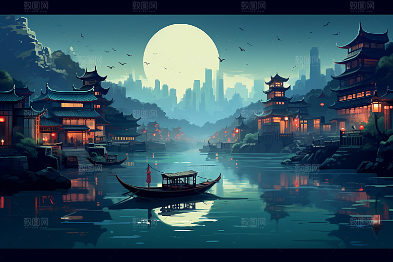 中国风山水语文课本配图中式建筑插画
