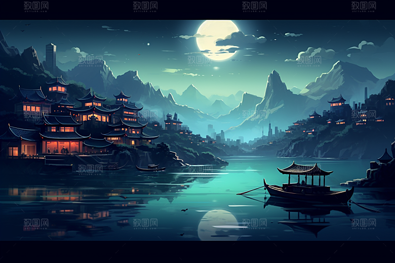 中国风山水水墨江南水乡插画